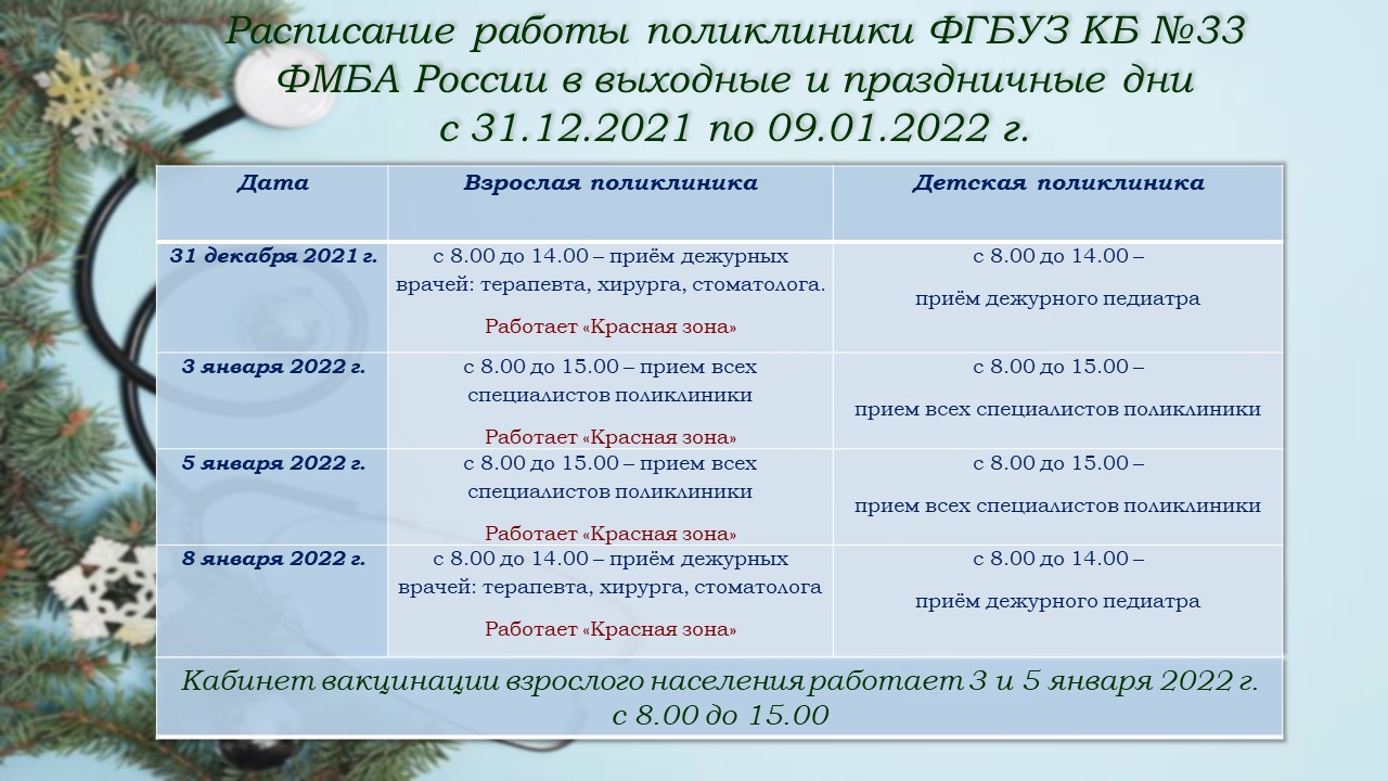 Расписание работы в праздничные дни | КБ № 33